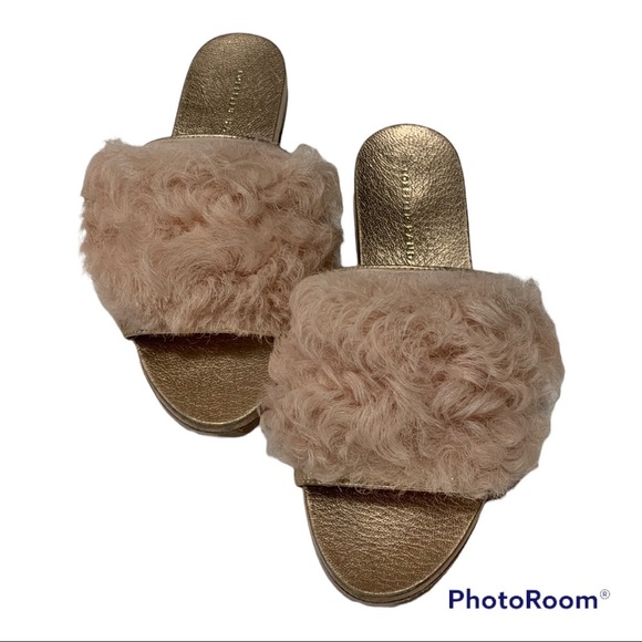 Loeffler Randall Domino Slides Metallic Rose Gold Faux Fur Mob Wife Chic 5 - Picture 5 of 15